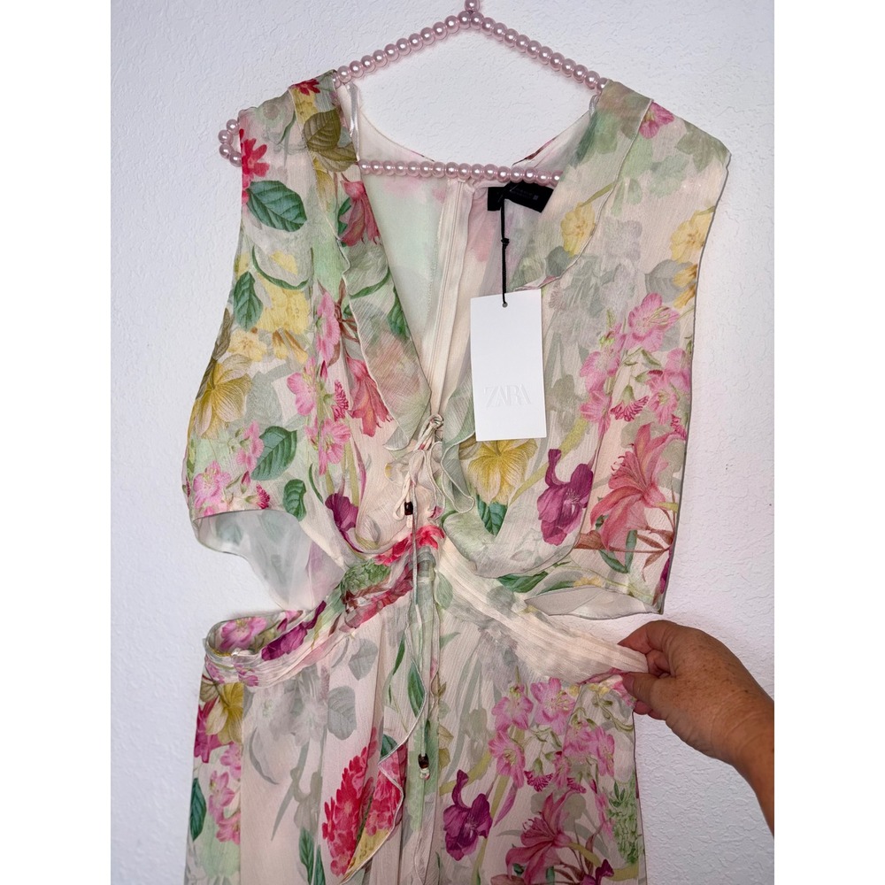 Zara Floral Cut-Out Midi Dress XL Cream Pink New Ruffle V-Neck Fairycore party - Picture 11 of 16